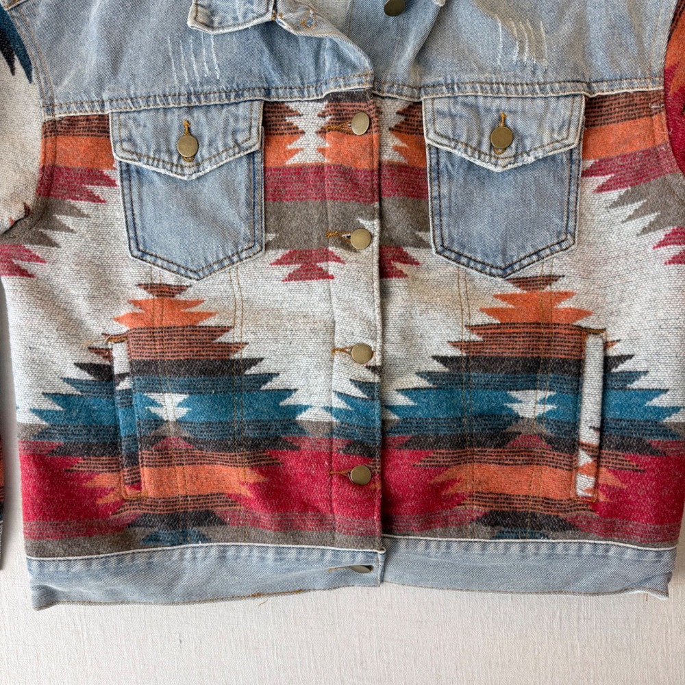 Polagram Aztec Tapestry Denim Jacket Oversized Southwestern Women Small Blue - Picture 6 of 11